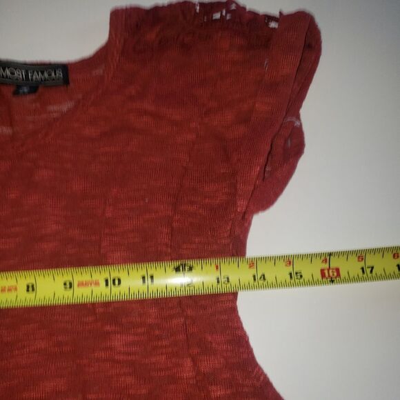 Almost Famous Red Orange Crochet Knit Tee XS Boho Summer Top, Lightweight Casual - Picture 3 of 7